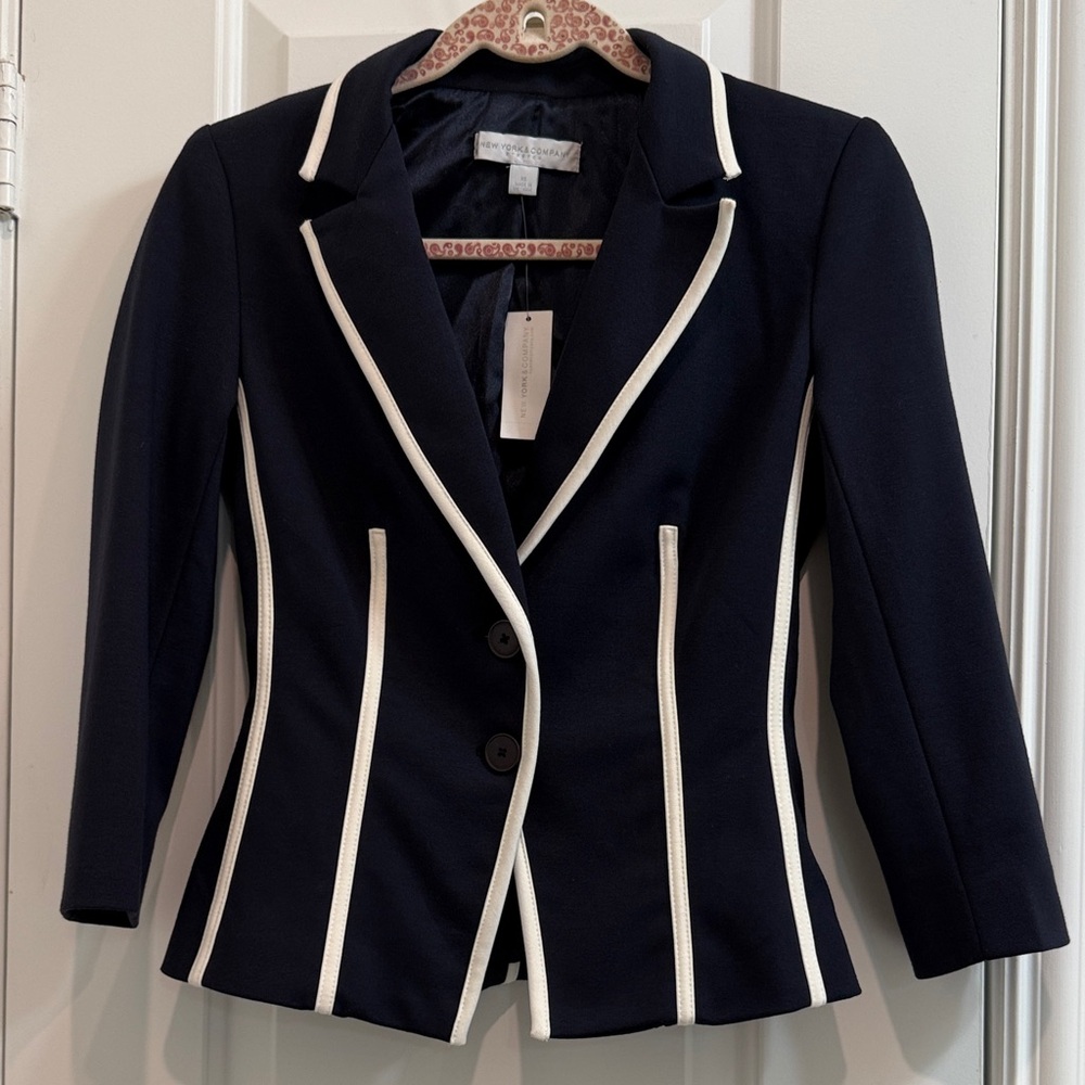 White House Black Market Dark Blue Blazer with White Accents